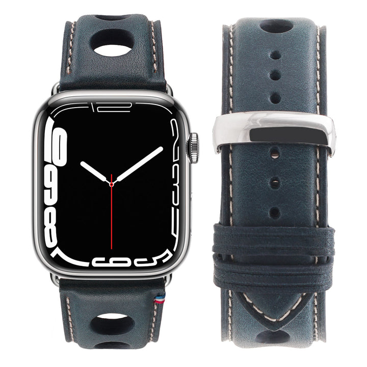 Rallye - Bracelet Apple Watch cuir vachette boucle déployante Marine 46 / 49 mm