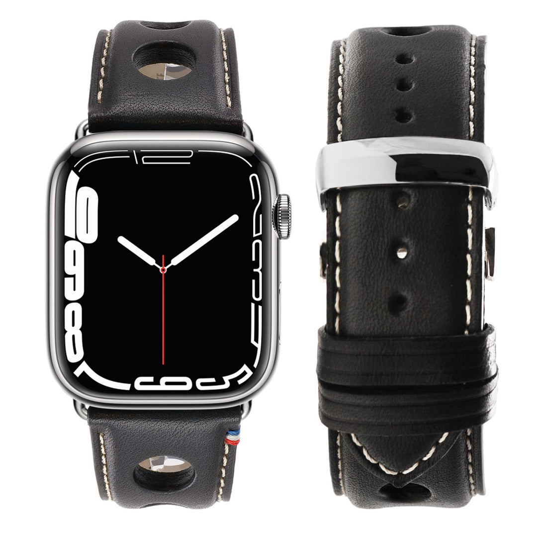 Rallye - Bracelet Apple Watch cuir vachette boucle déployante Noir 46 / 49 mm