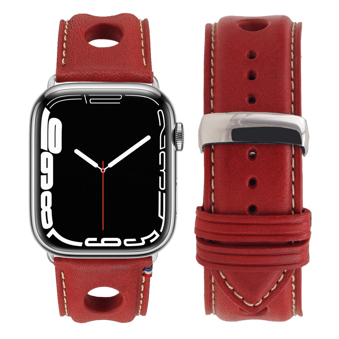 Rallye - Bracelet Apple Watch cuir vachette boucle déployante Rouge 46 / 49 mm