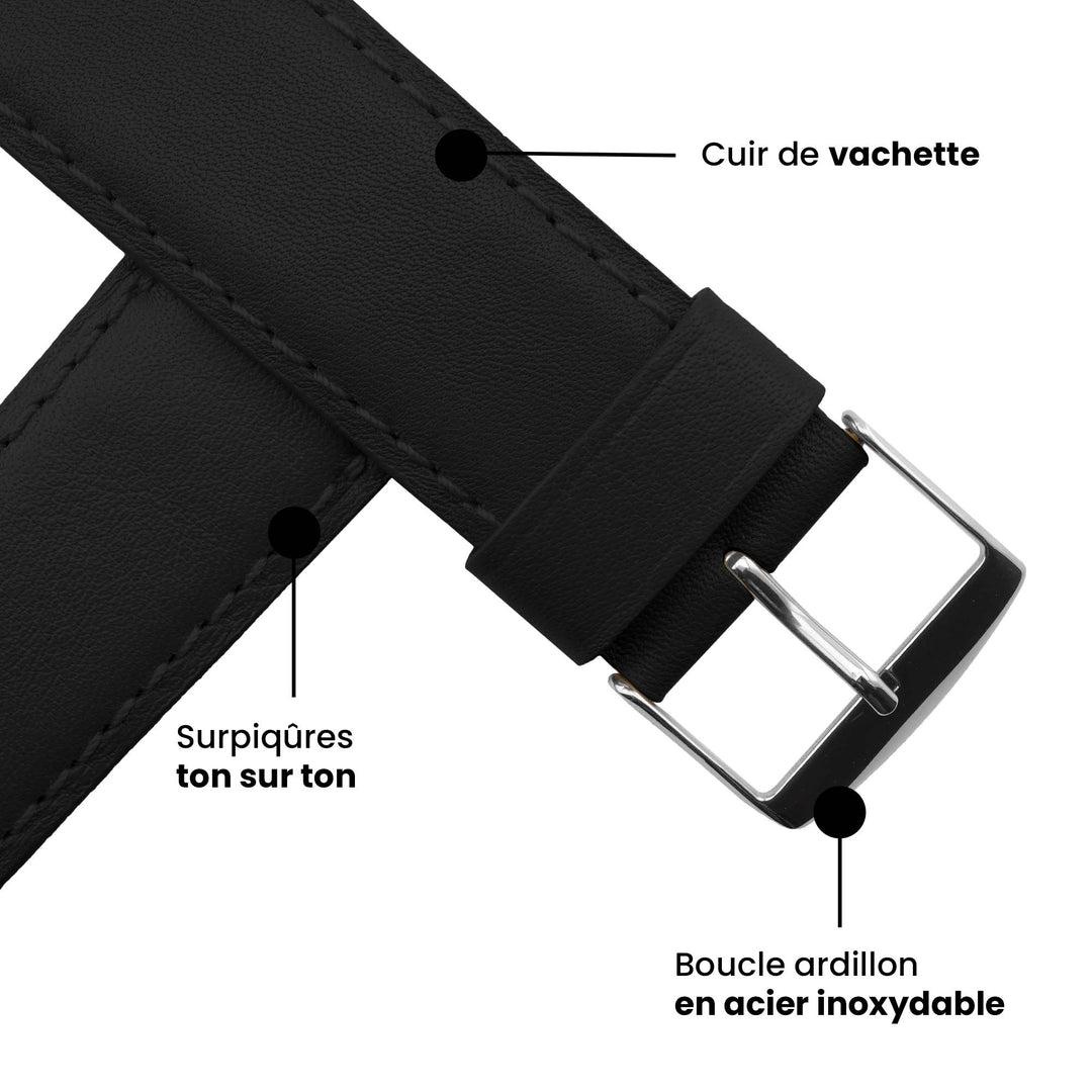 Holi Apple Watch - Bracelet cuir de vachette Noir 42 mm