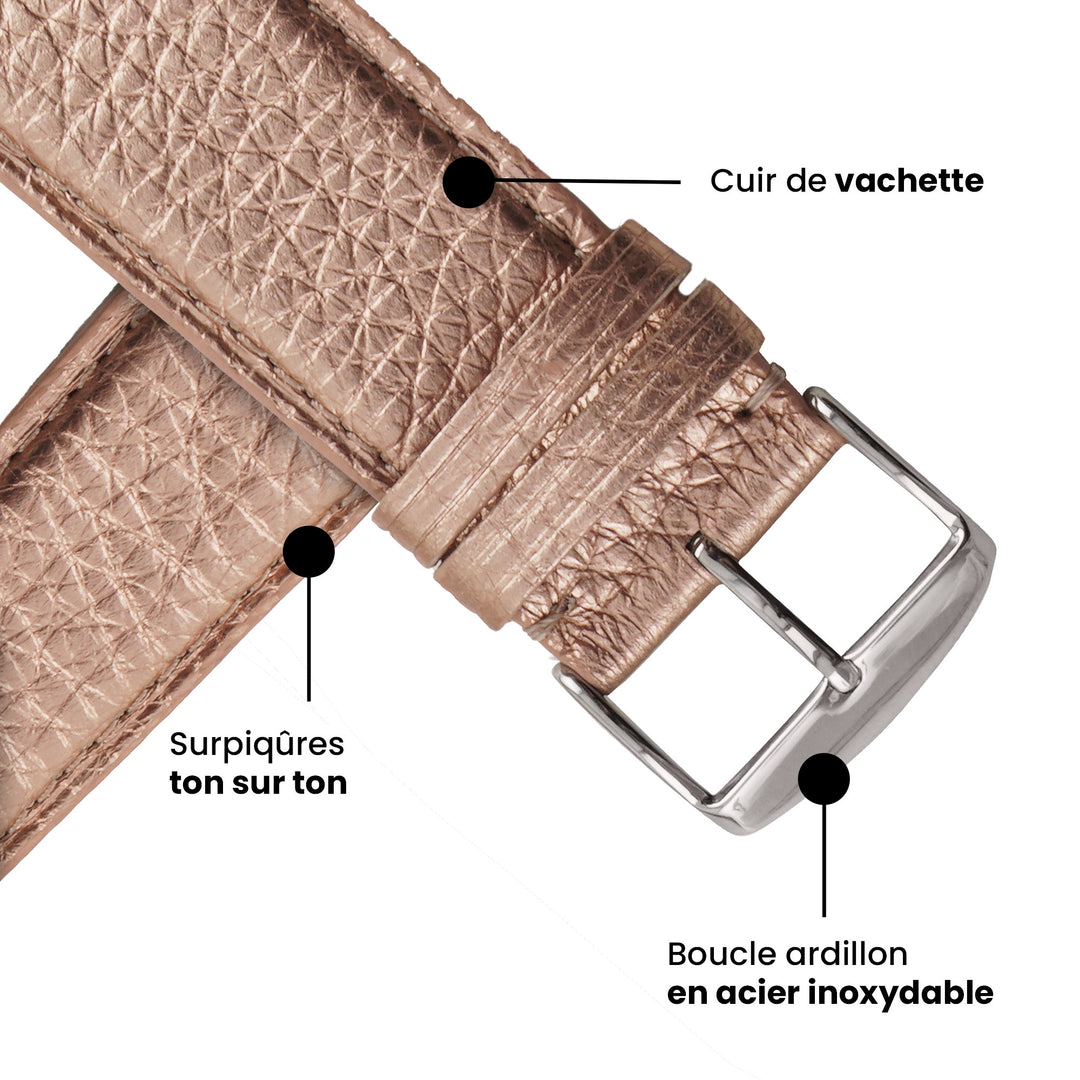 Maryline 2023 - Bracelet Apple Watch cuir de vachette satiné Rosé Champagne 42 mm