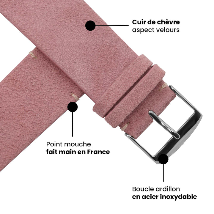 Maverick - Bracelet Apple Watch cuir de chèvre velours Rose 42 mm