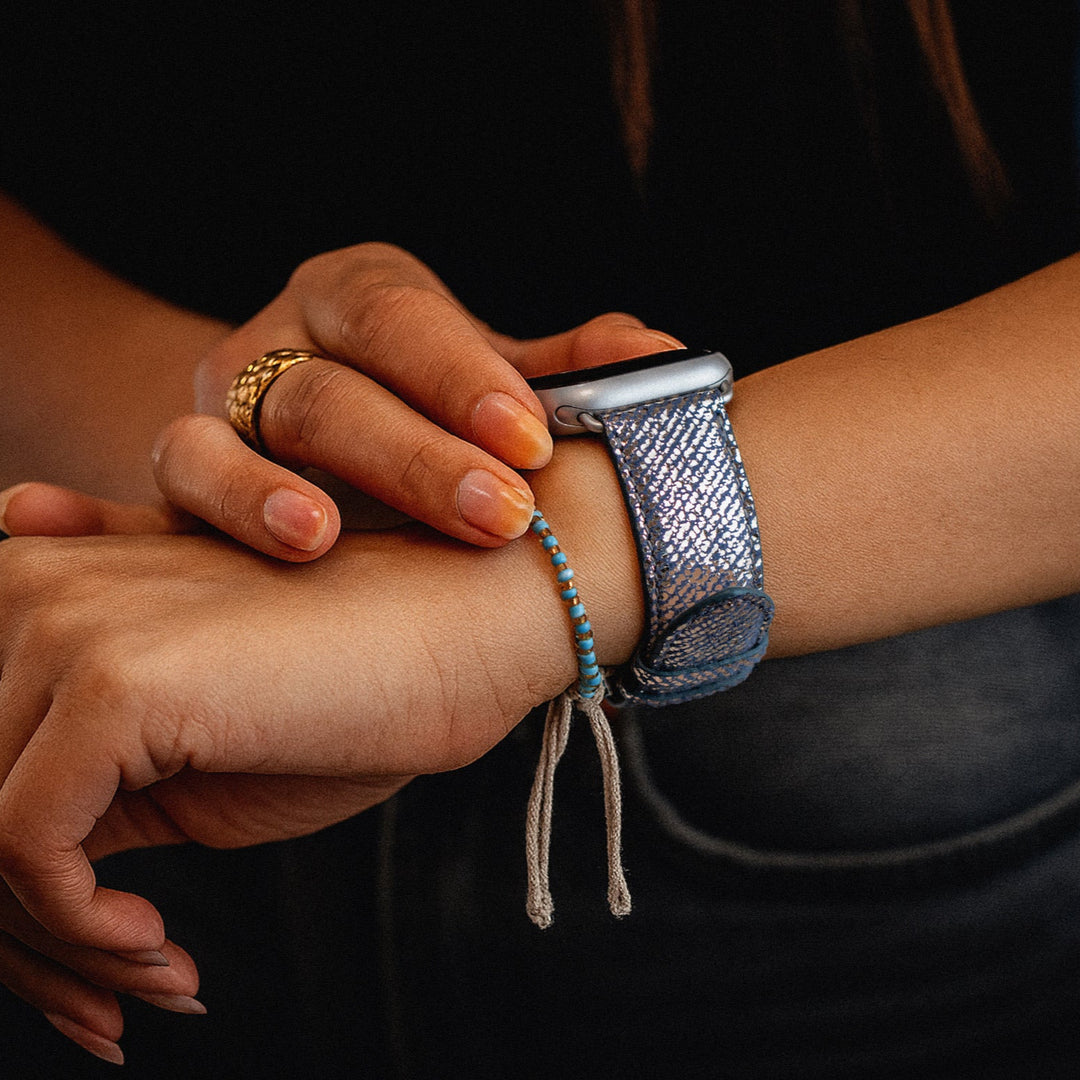 Parisian Night – Sparkling Denim-Effect Leather Apple Watch Band – Moon 42 mm
