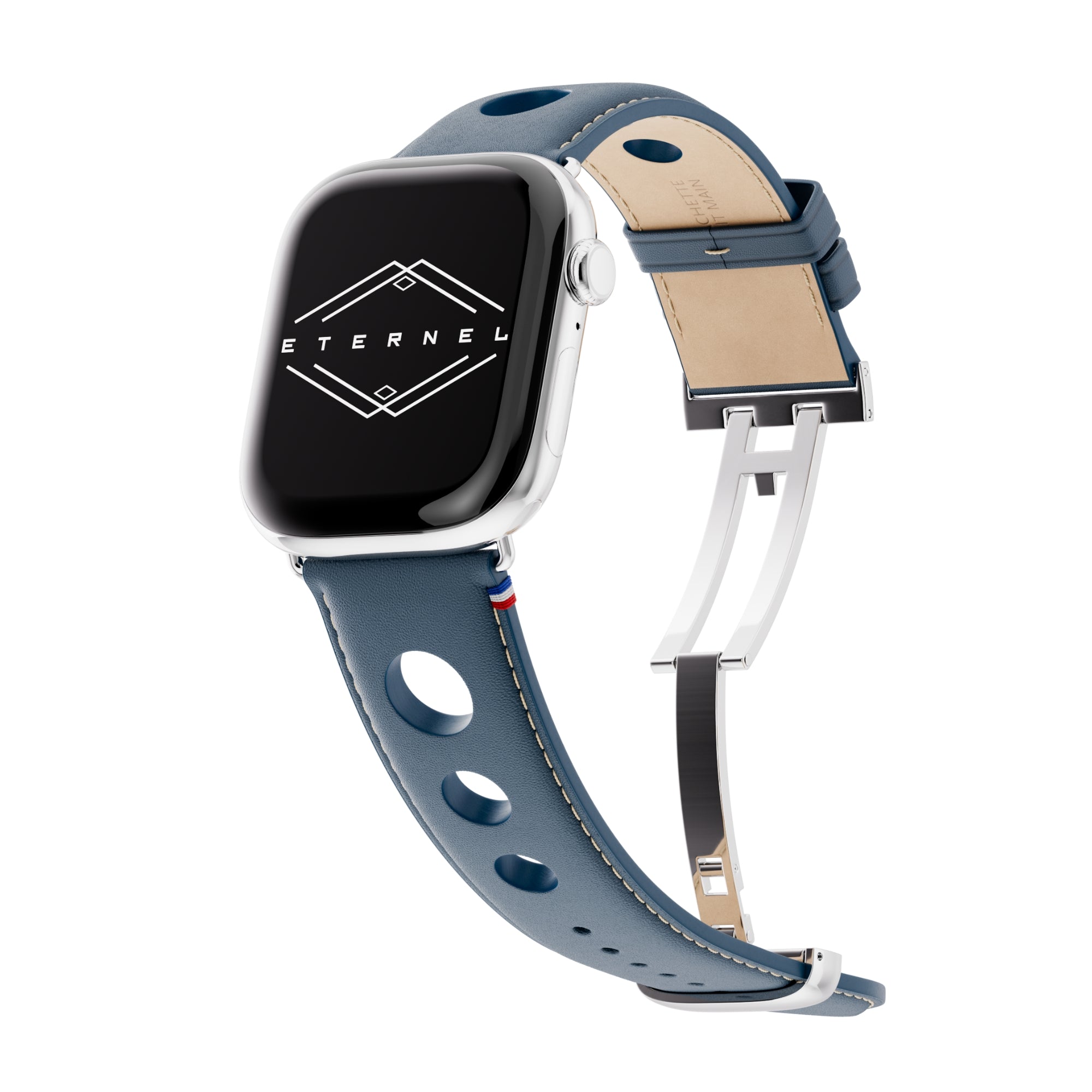 Rallye Apple Watch strap in navy calf leather with deployant