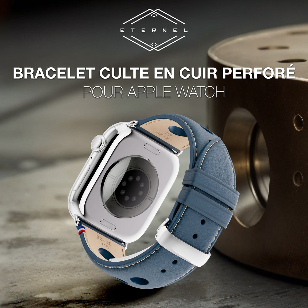 Rallye - Bracelet Apple Watch cuir vachette boucle déployante Marine 46 / 49 mm