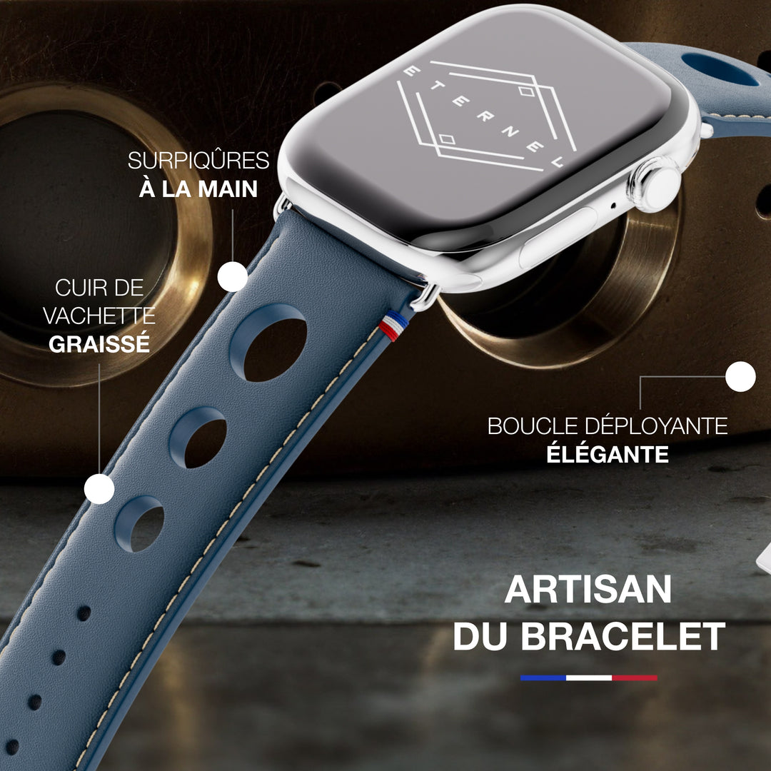 Rallye - Bracelet Apple Watch cuir vachette boucle déployante Marine 46 / 49 mm
