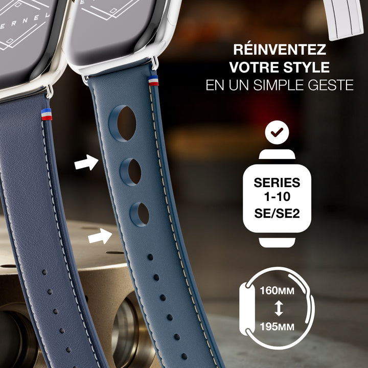 Rallye - Bracelet Apple Watch cuir vachette boucle déployante Marine 46 / 49 mm