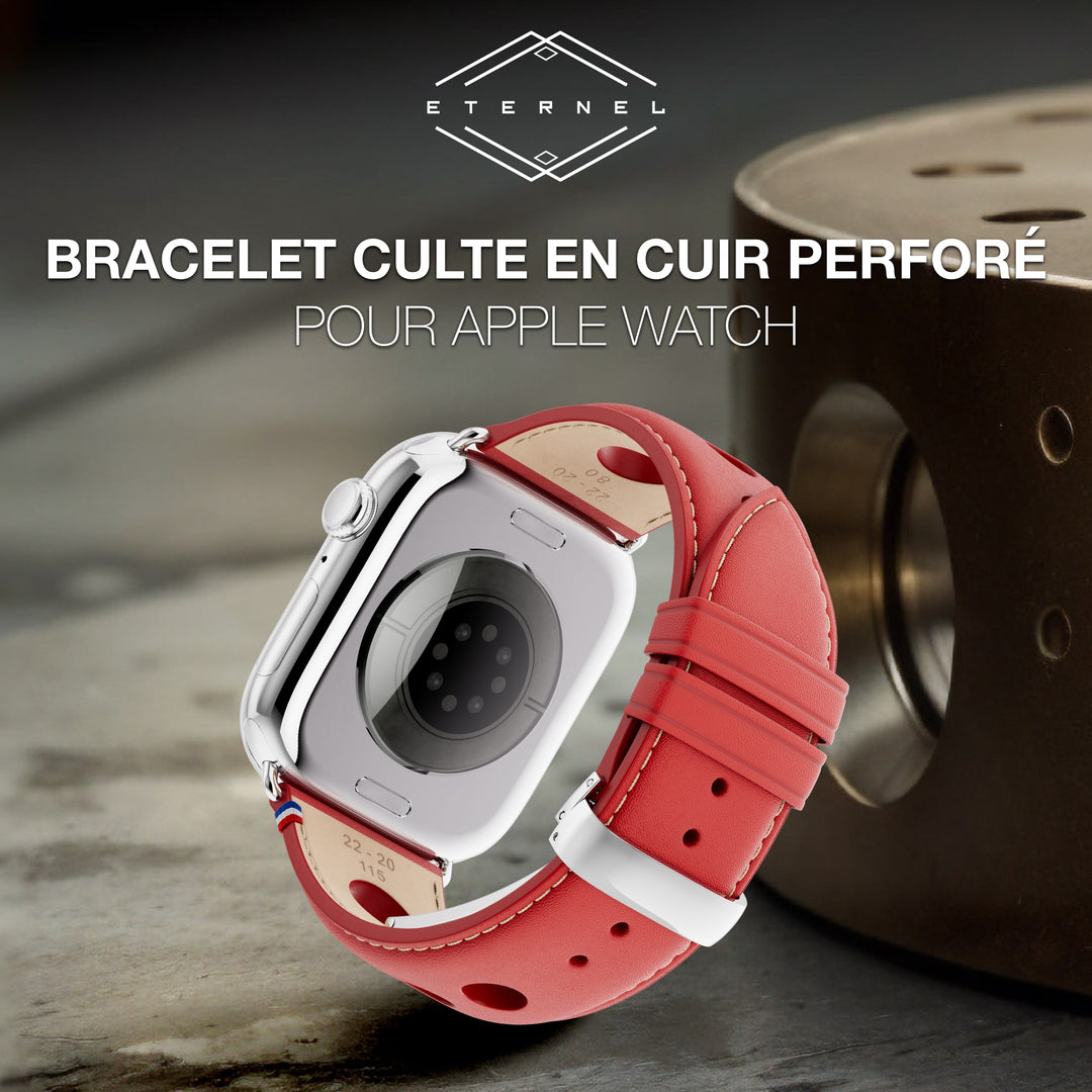 Rallye - Bracelet Apple Watch cuir vachette boucle déployante Rouge 46 / 49 mm