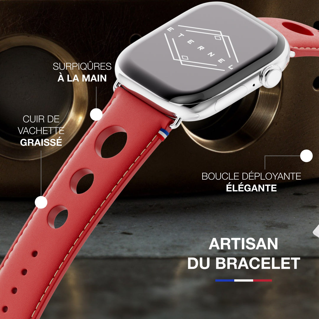 Rallye - Bracelet Apple Watch cuir vachette boucle déployante Rouge 46 / 49 mm