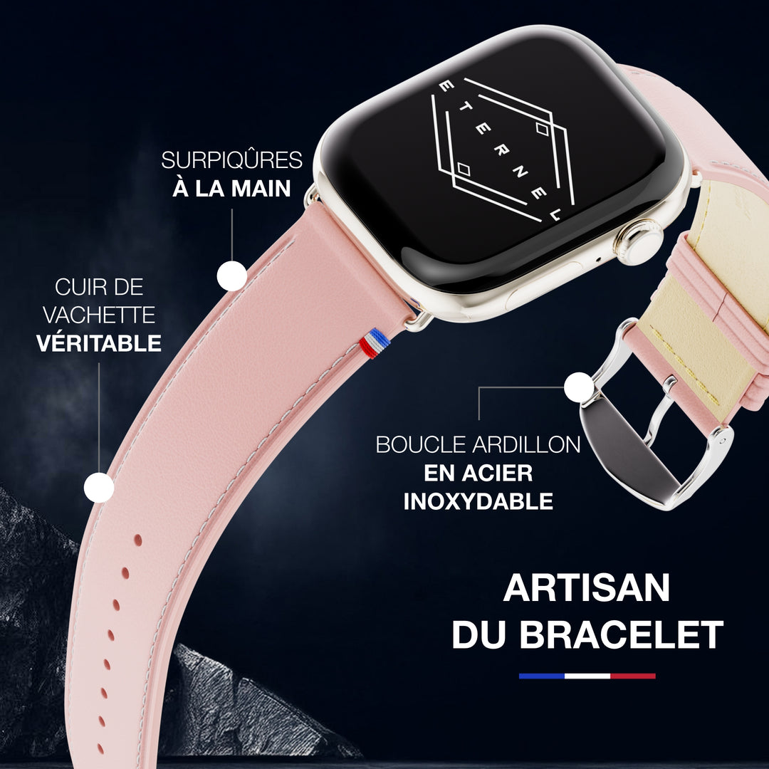 Simple tour - Cuir de vachette graissé Apple Watch Rose poudré 42 mm