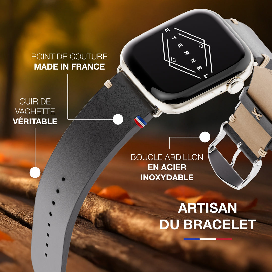 Vintage - Apple Watch Armband aus vollnarbigem Leder Logan Schwarz 42 mm