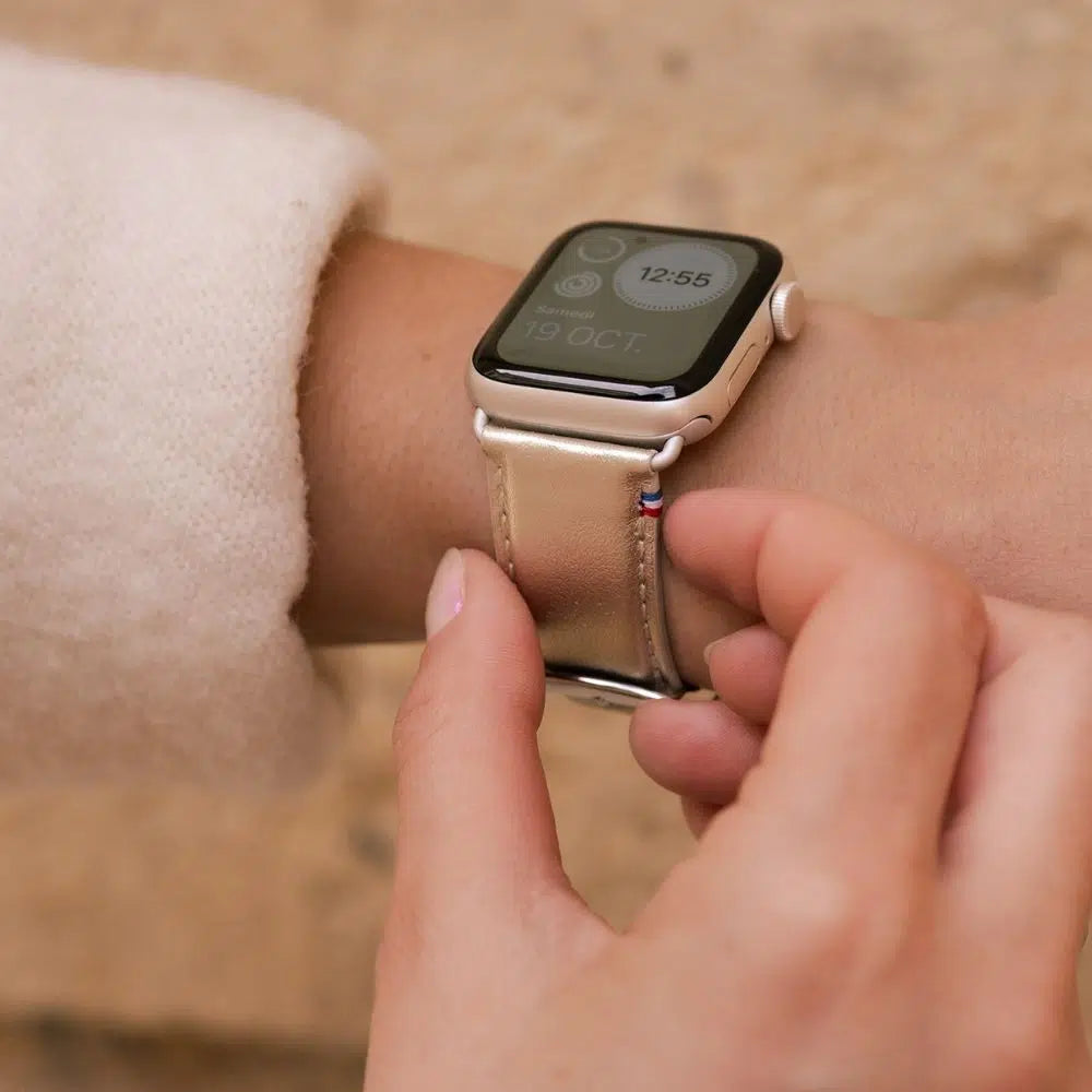 Maryline Satin Champagne Cowhide Leather Apple Watch Band 42 mm