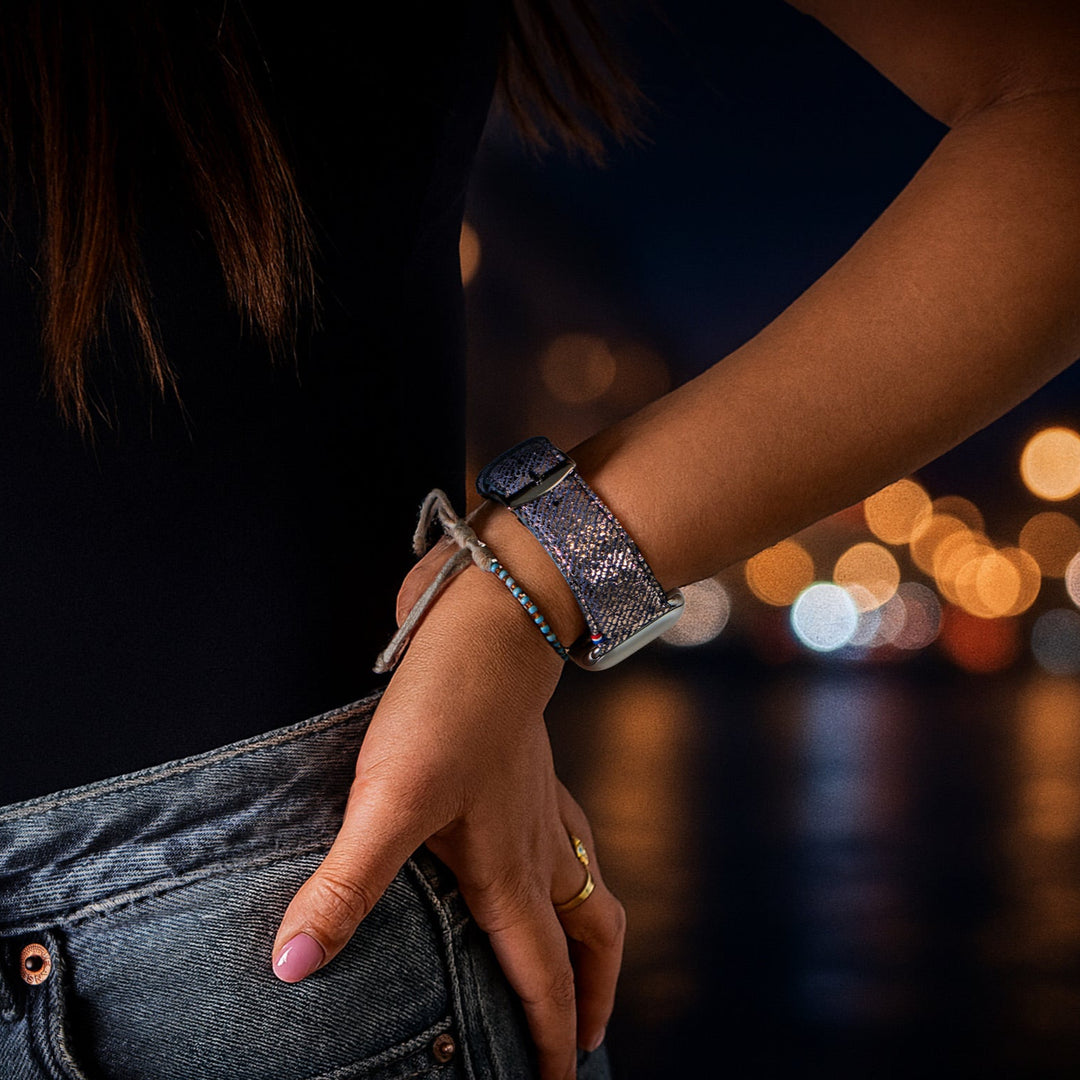 Parisian Night – Sparkling Denim-Effect Leather Apple Watch Band – Moon 42 mm