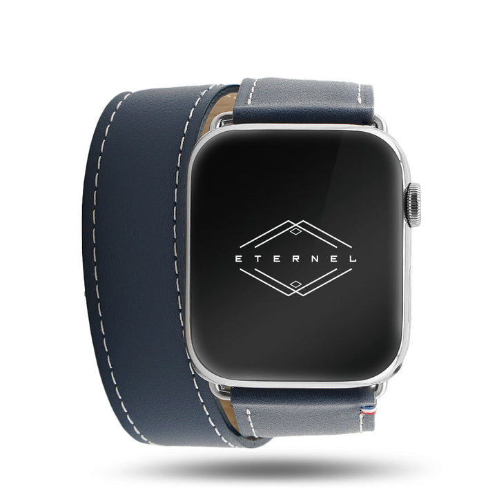 Double tour - Cuir de vachette Apple Watch Marine 42 mm