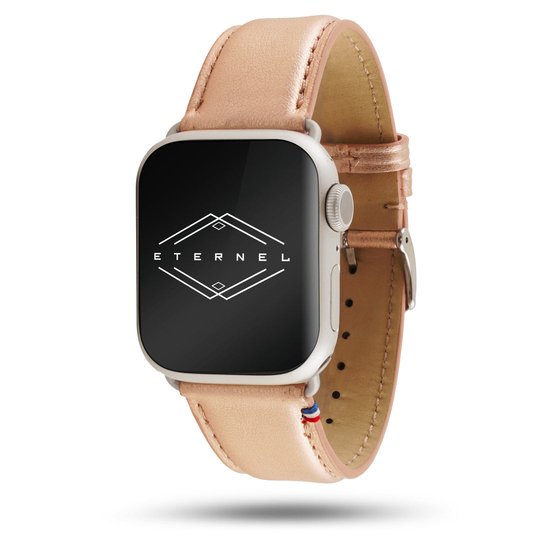 Maryline - Bracelet Apple Watch cuir de vachette satiné Rosé Champagne 42 mm