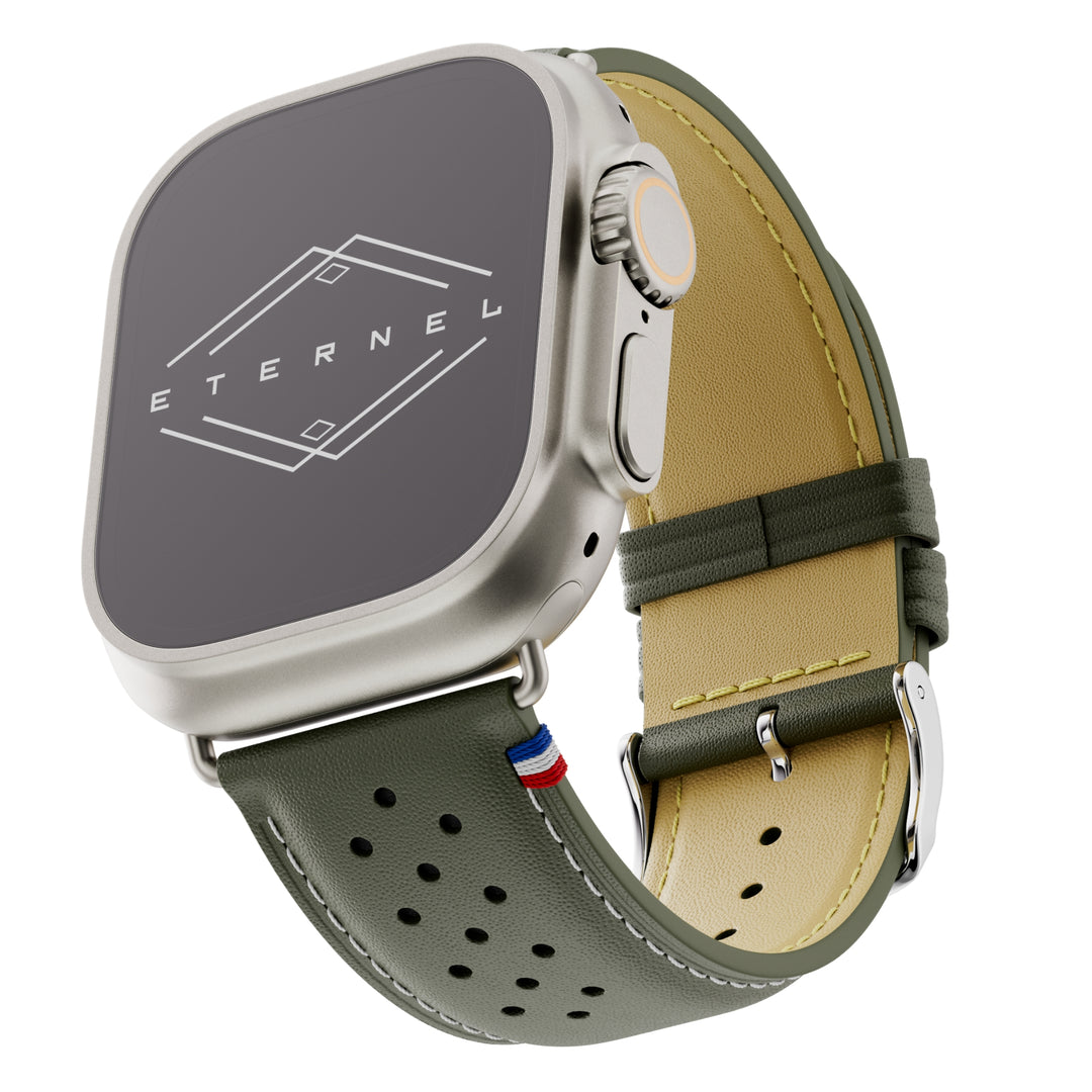 Roadster Bracelet Apple Watch cuir perforé Vert forêt 46 49 mm